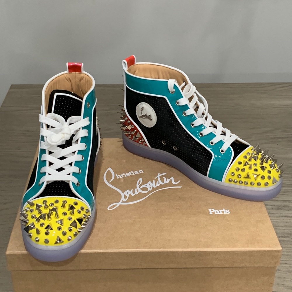 Christian Louboutin Teal Black Yellow Spike High-Top Sneakers with Purple Sole